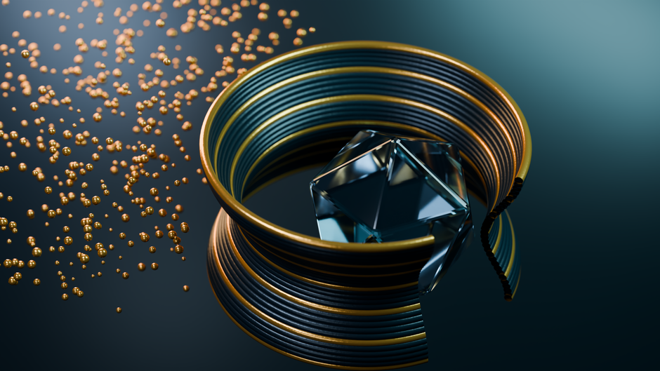 3D prikaz metalnih prstenova sa zlatnim česticama simbolizira preciznost financijskih modela